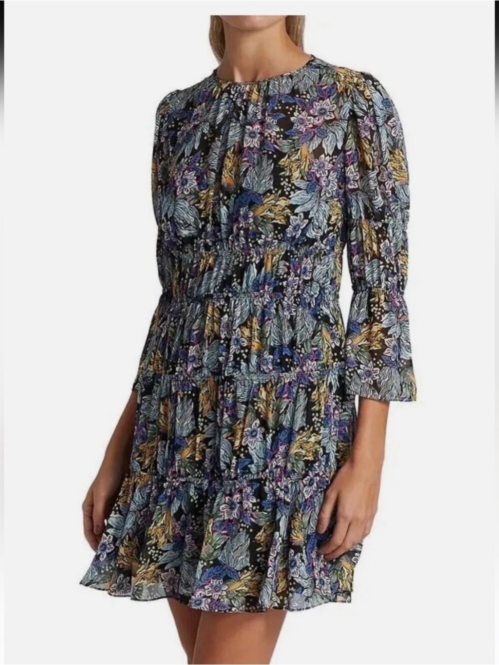 cinq a sept Floral Tiered Mini Dress in Navy, Blue, Purple, Yellow